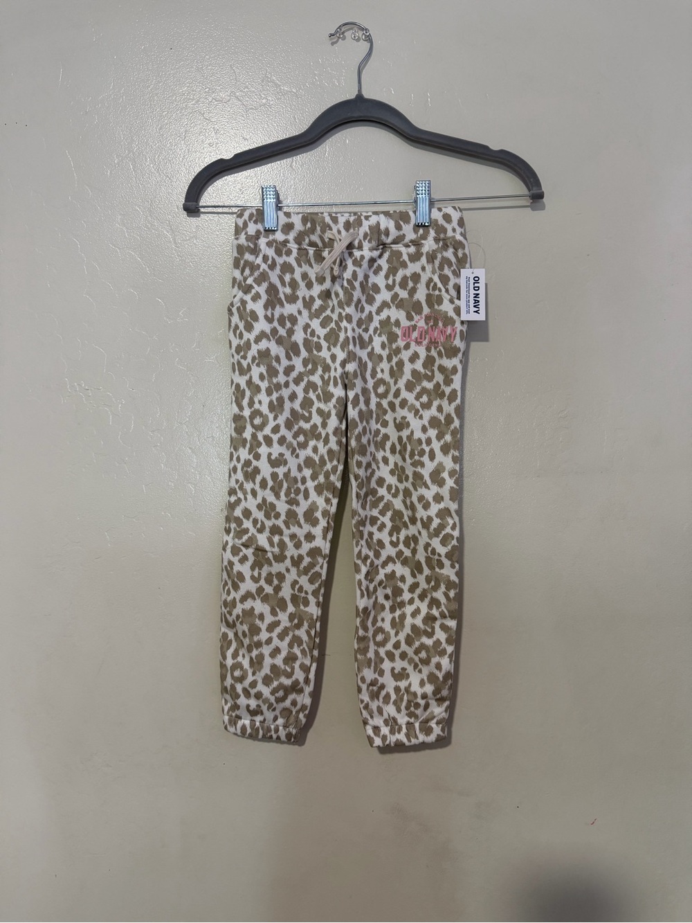 5T Girl Old Navy Tan Leopard Print Joggers with Pink Logo